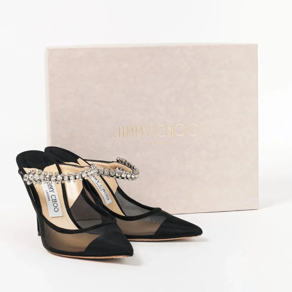 Jimmy Choo Bing 100 Black Mesh & Suede Crystal-Embellished Mules - Picture 10 of 10